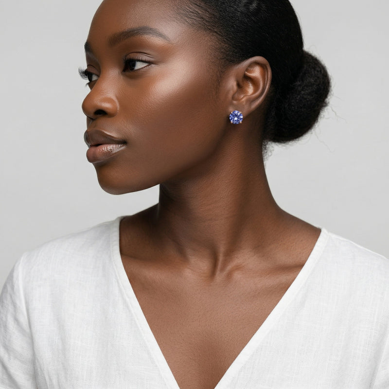 tanzanite birthstone stud earrings in rose gold finish — model view