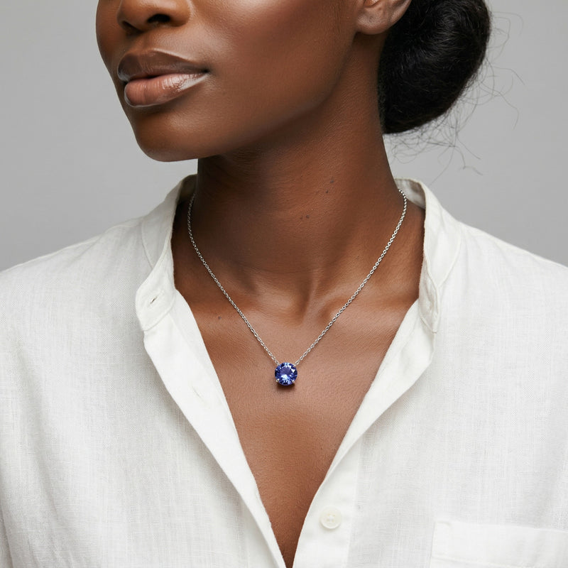 tanzanite birthstone necklace in white gold finish — model view