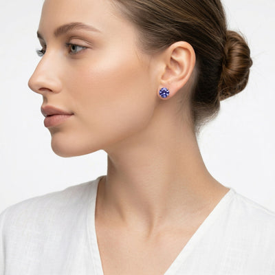tanzanite birthstone stud earrings in rose gold finish — model view