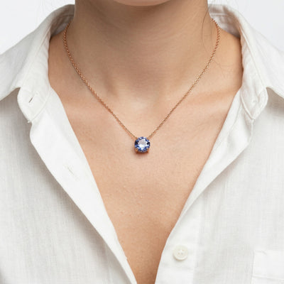 tanzanite birthstone necklace in rose gold finish — model view