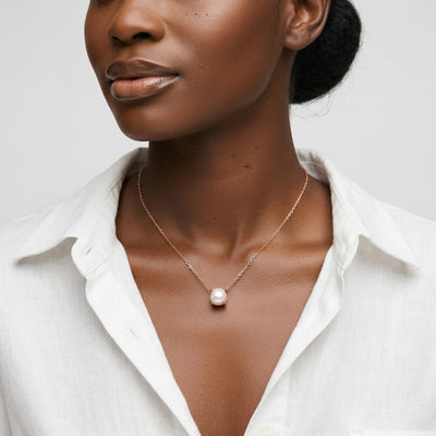 pearl birthstone necklace in rose gold finish — model view