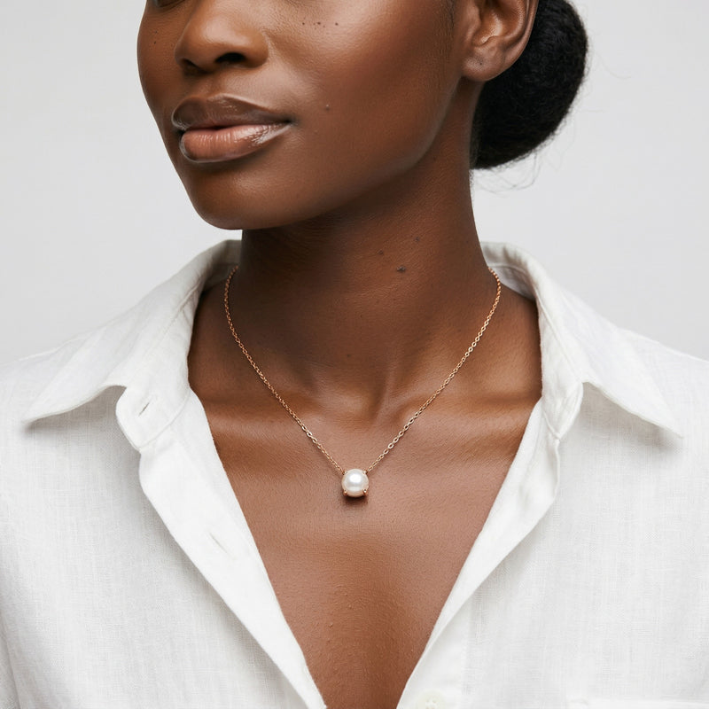 pearl birthstone necklace in rose gold finish — model view