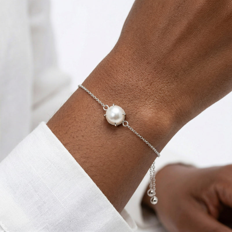 pearl birthstone bracelet in white gold finish — model view