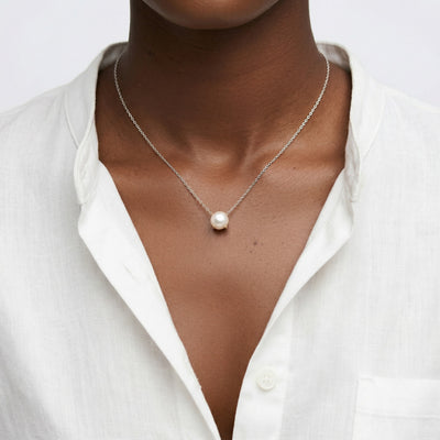 pearl birthstone necklace in white gold finish — model view