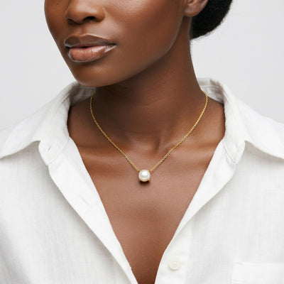 pearl birthstone necklace in yellow gold finish — model view