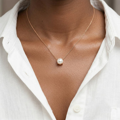 pearl birthstone necklace in rose gold finish — model view