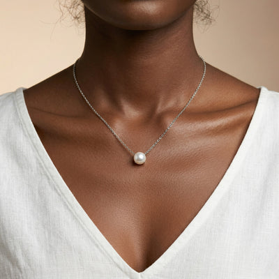 pearl birthstone necklace in white gold finish — model view