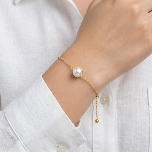 pearl birthstone bracelet in yellow gold finish — model view
