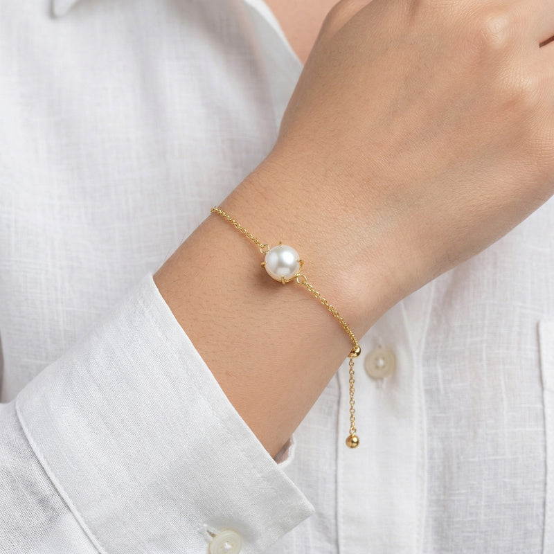 pearl birthstone bracelet in yellow gold finish — model view