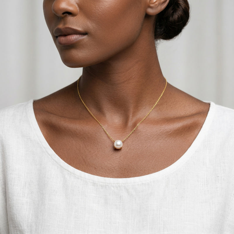pearl birthstone necklace in yellow gold finish — model view