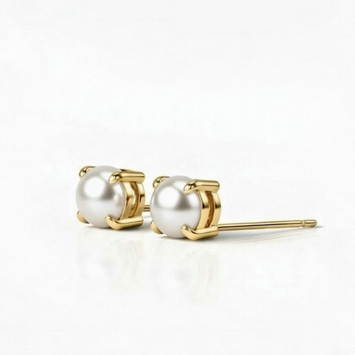 pearl birthstone stud earrings in yellow gold finish — side view