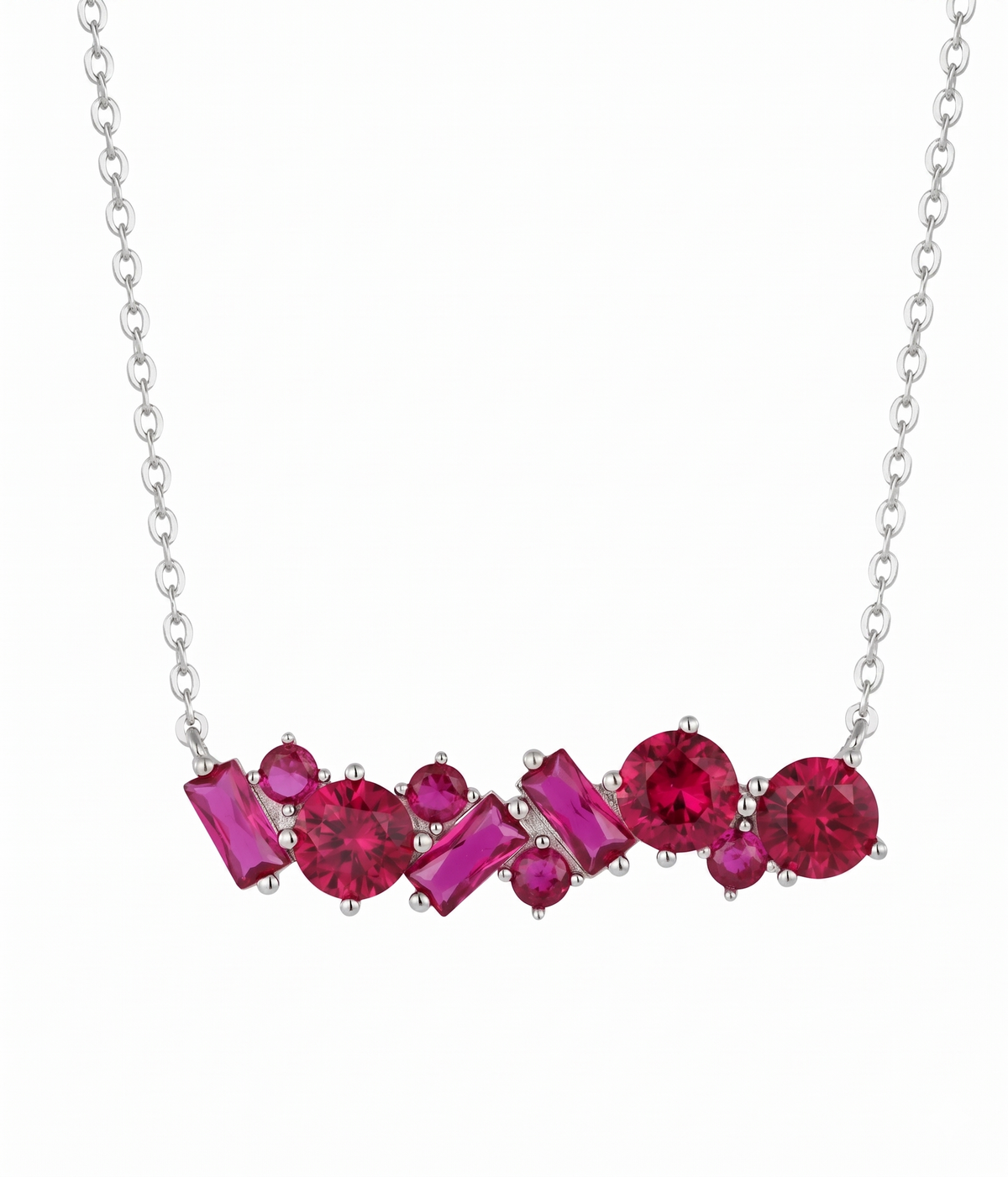 red ruby geometric pendant necklace in white gold finish — front view