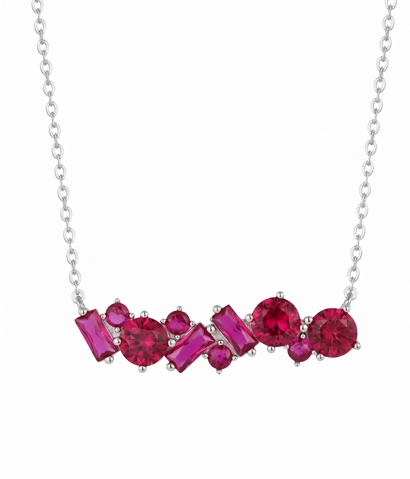red ruby geometric pendant necklace in white gold finish — front view
