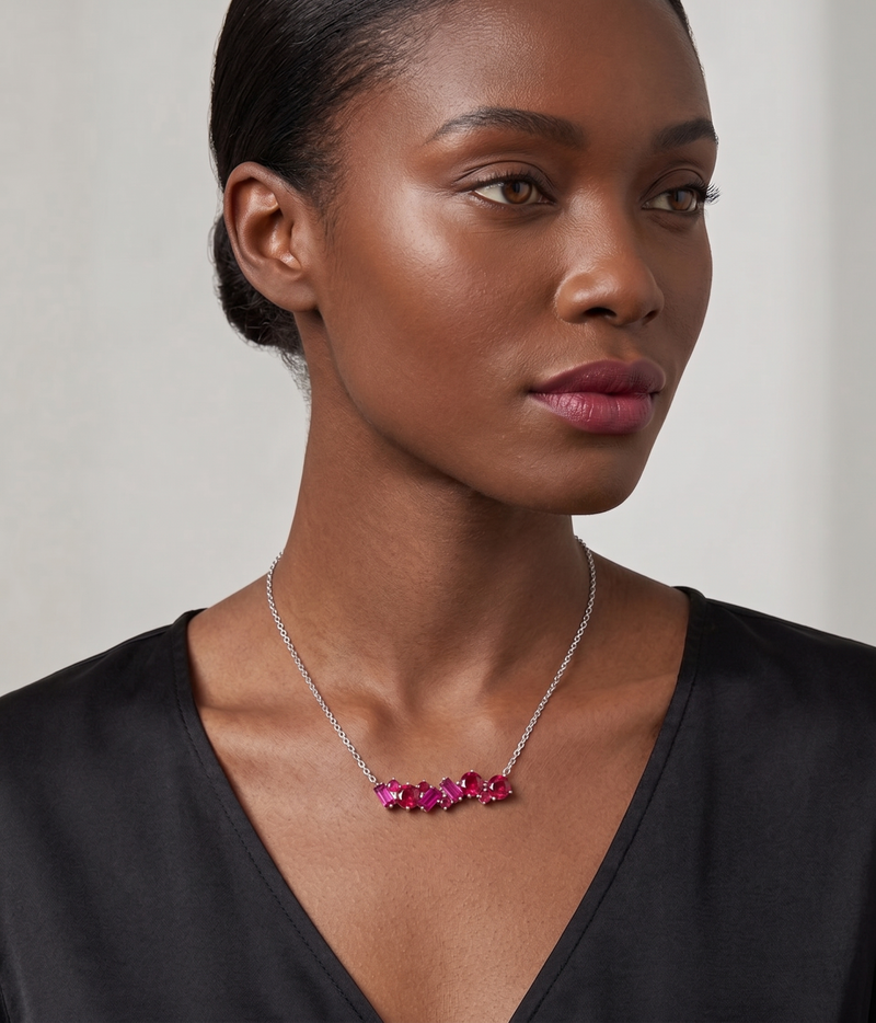 red ruby geometric pendant necklace in white gold finish — model view