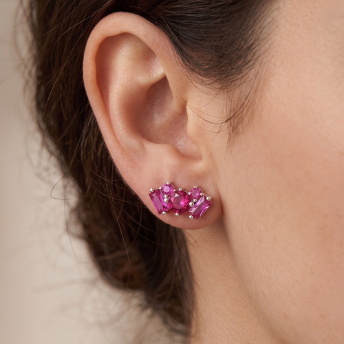 red ruby geometric stud earrings in white gold finish — model view