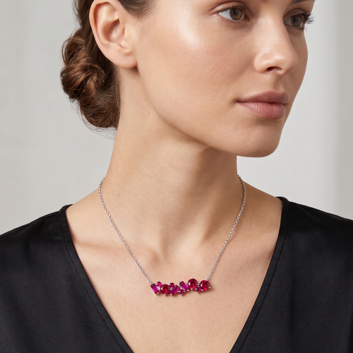 red ruby geometric pendant necklace in white gold finish — model view