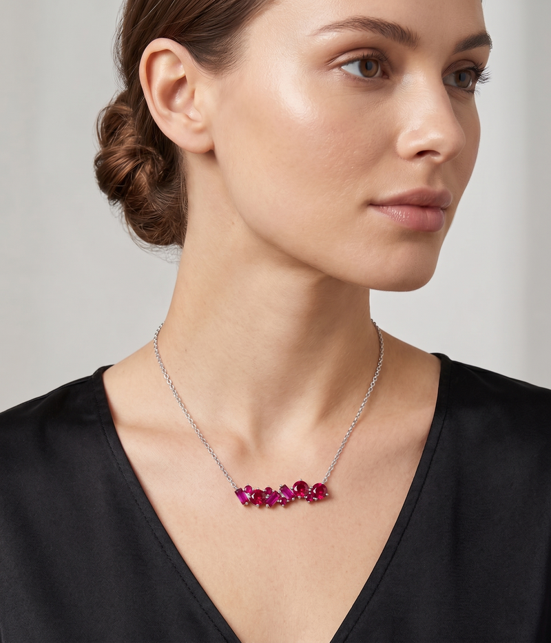 red ruby geometric pendant necklace in white gold finish — model view