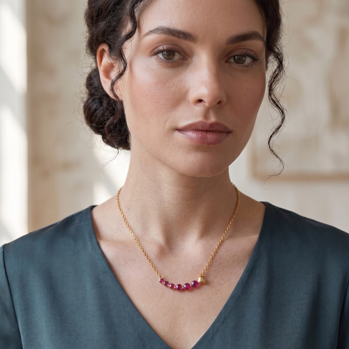 graduated red ruby bar pendant necklace in yellow gold finish — model view