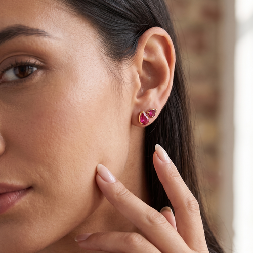 red ruby teardrop climber earrings in yellow gold finish — model view