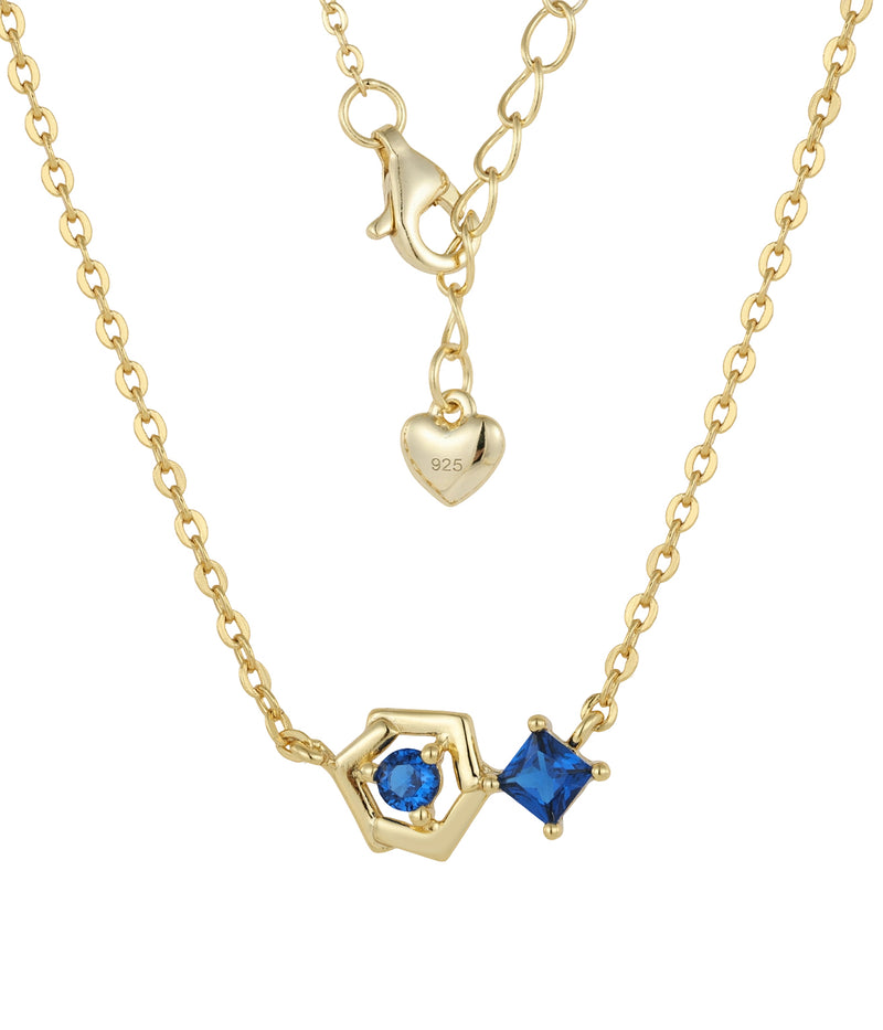 blue sapphire geometric hexa pendant necklace in yellow gold finish — back view