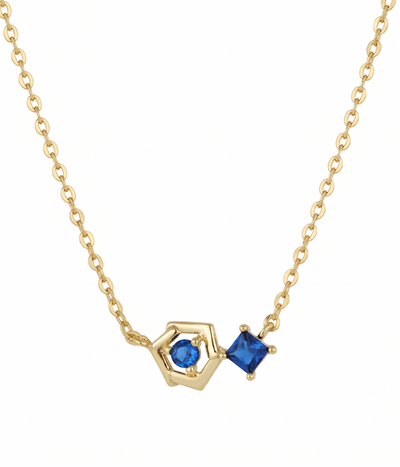 blue sapphire geometric hexa pendant necklace in yellow gold finish — front view