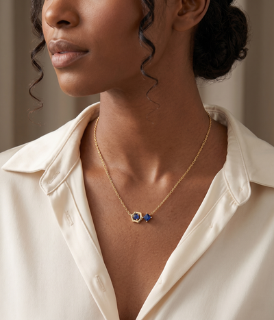 blue sapphire geometric hexa pendant necklace in yellow gold finish — model view