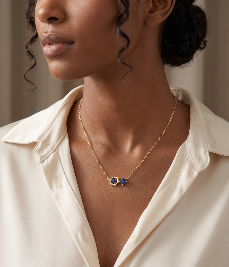 blue sapphire geometric hexa pendant necklace in yellow gold finish — model view