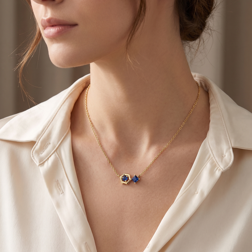 blue sapphire geometric hexa pendant necklace in yellow gold finish — model view