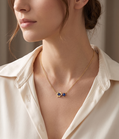 blue sapphire geometric hexa pendant necklace in yellow gold finish — model view
