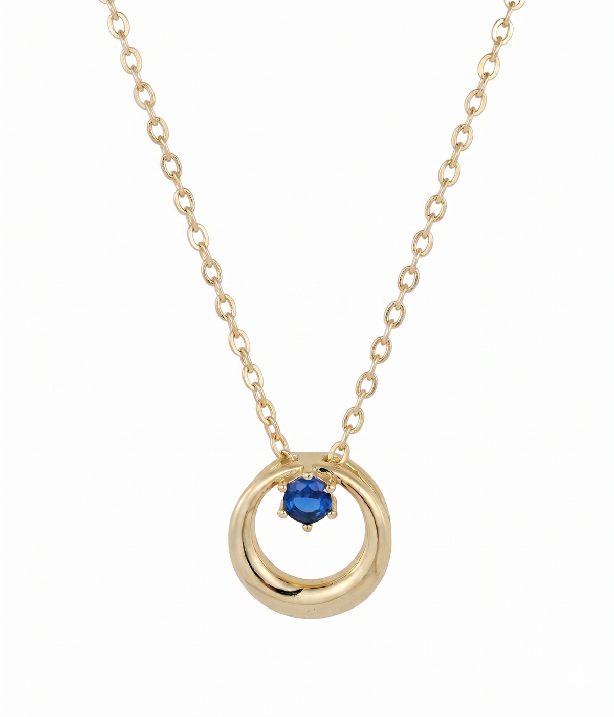 blue sapphire twisted circle pendant necklace in yellow gold finish — front view