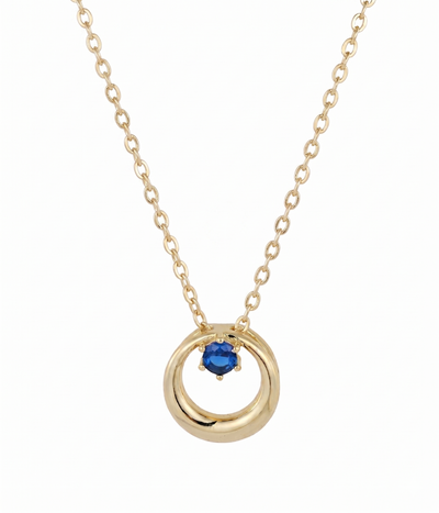 blue sapphire twisted circle pendant necklace in yellow gold finish — front view