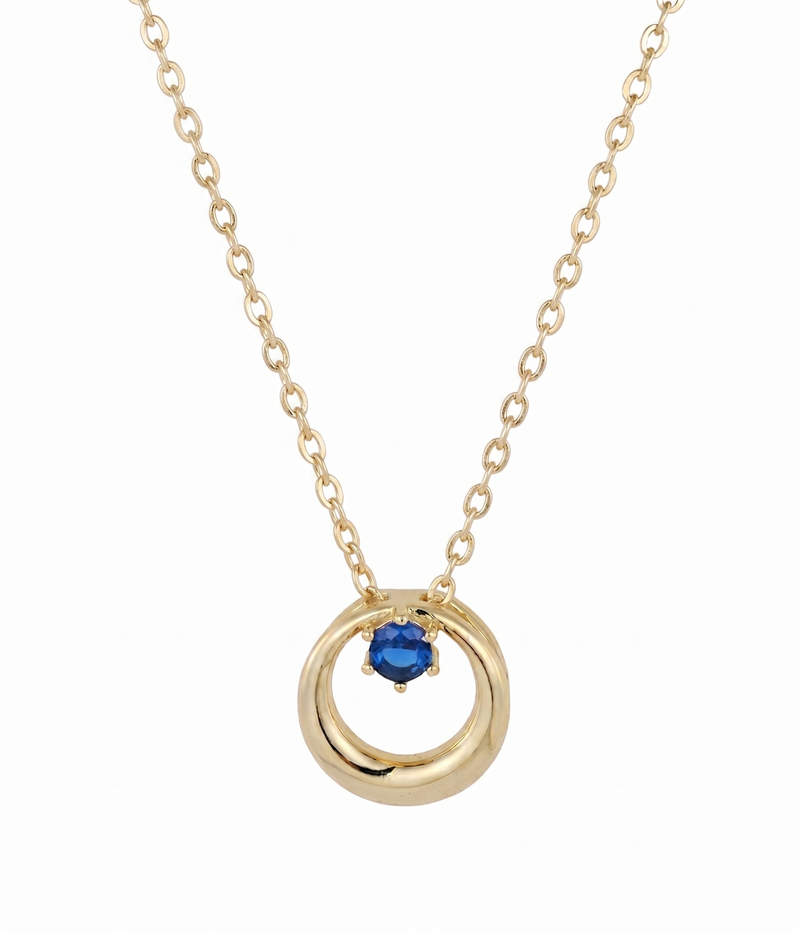 blue sapphire twisted circle pendant necklace in yellow gold finish — front view