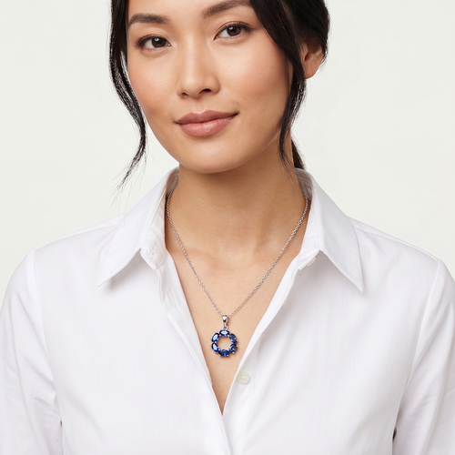 blue sapphire circle pendant necklace in white gold finish — model view