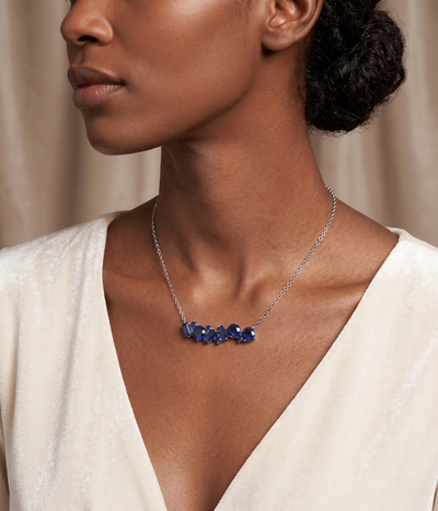 blue sapphire geometric pendant necklace in white gold finish — model view