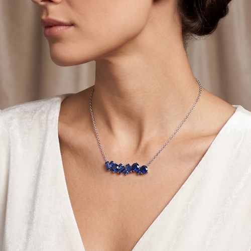 blue sapphire geometric pendant necklace in white gold finish — model view