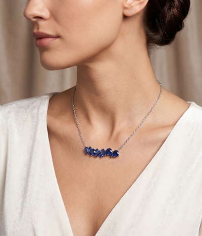 blue sapphire geometric pendant necklace in white gold finish — model view