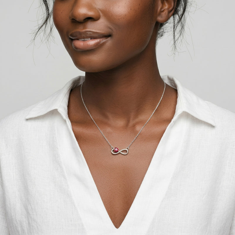 garnet birthstone necklace in white gold finish — model view