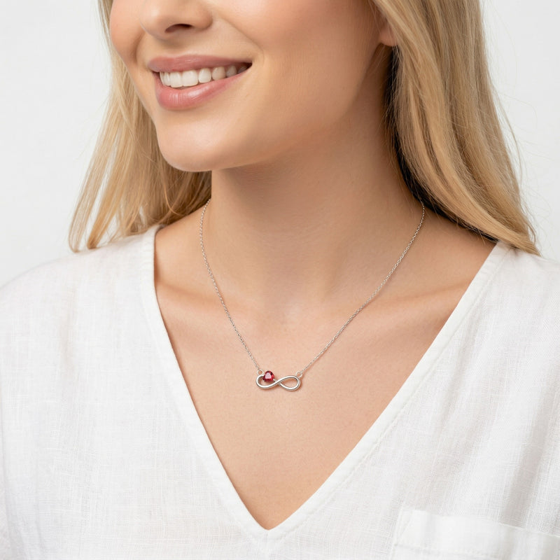 garnet birthstone necklace in white gold finish — model view