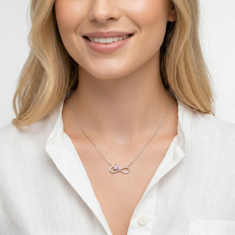 amethyst birthstone necklace in white gold finish — model view