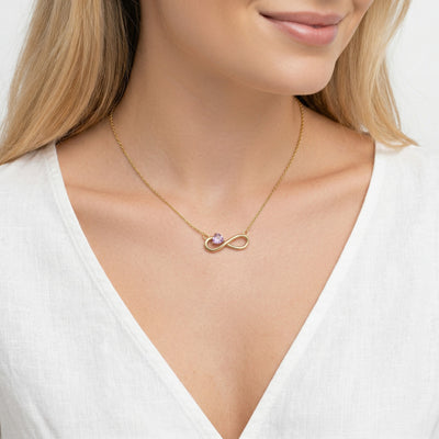 amethyst birthstone necklace in yellow gold finish — model view