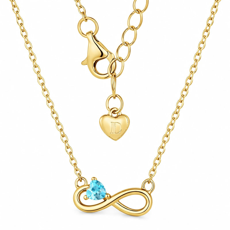 aquamarine birthstone necklace in yellow gold finish — back view