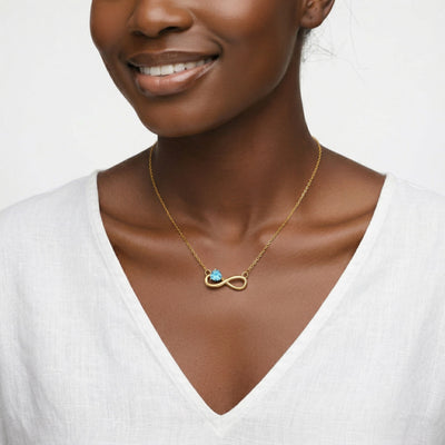 aquamarine birthstone necklace in yellow gold finish — model view