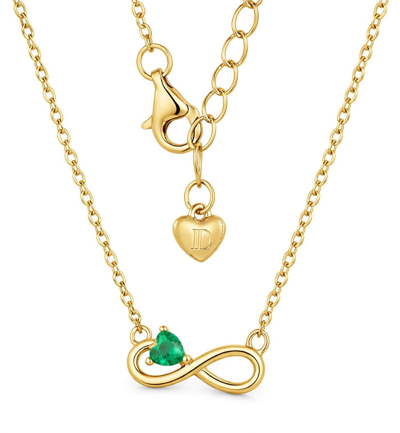 emerald birthstone necklace in yellow gold finish — back view