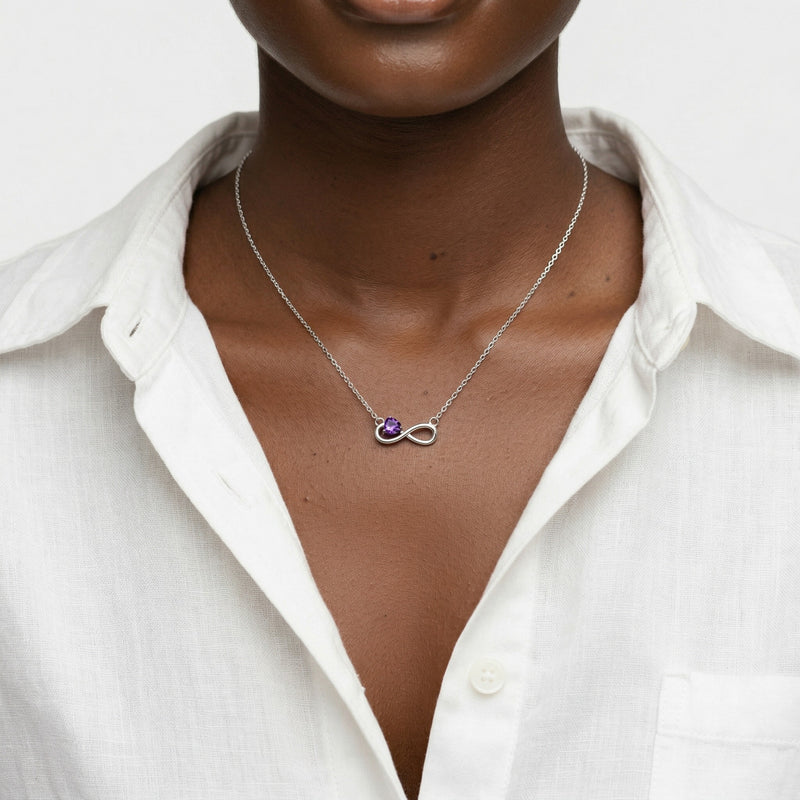 alexandrite birthstone necklace in white gold finish — model view