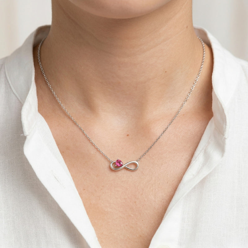ruby birthstone necklace in white gold finish — model view