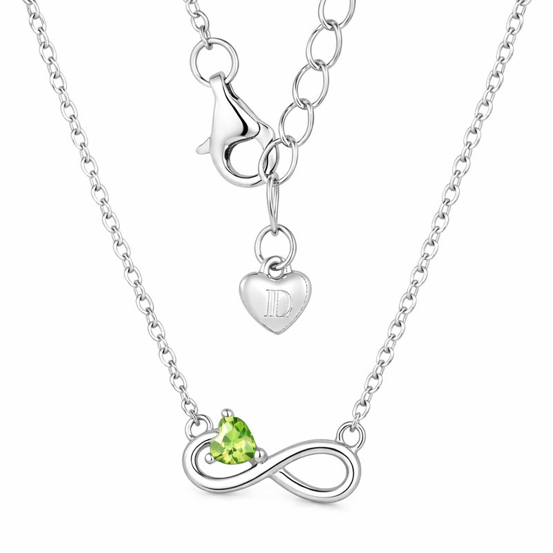 peridot birthstone necklace in white gold finish — back view