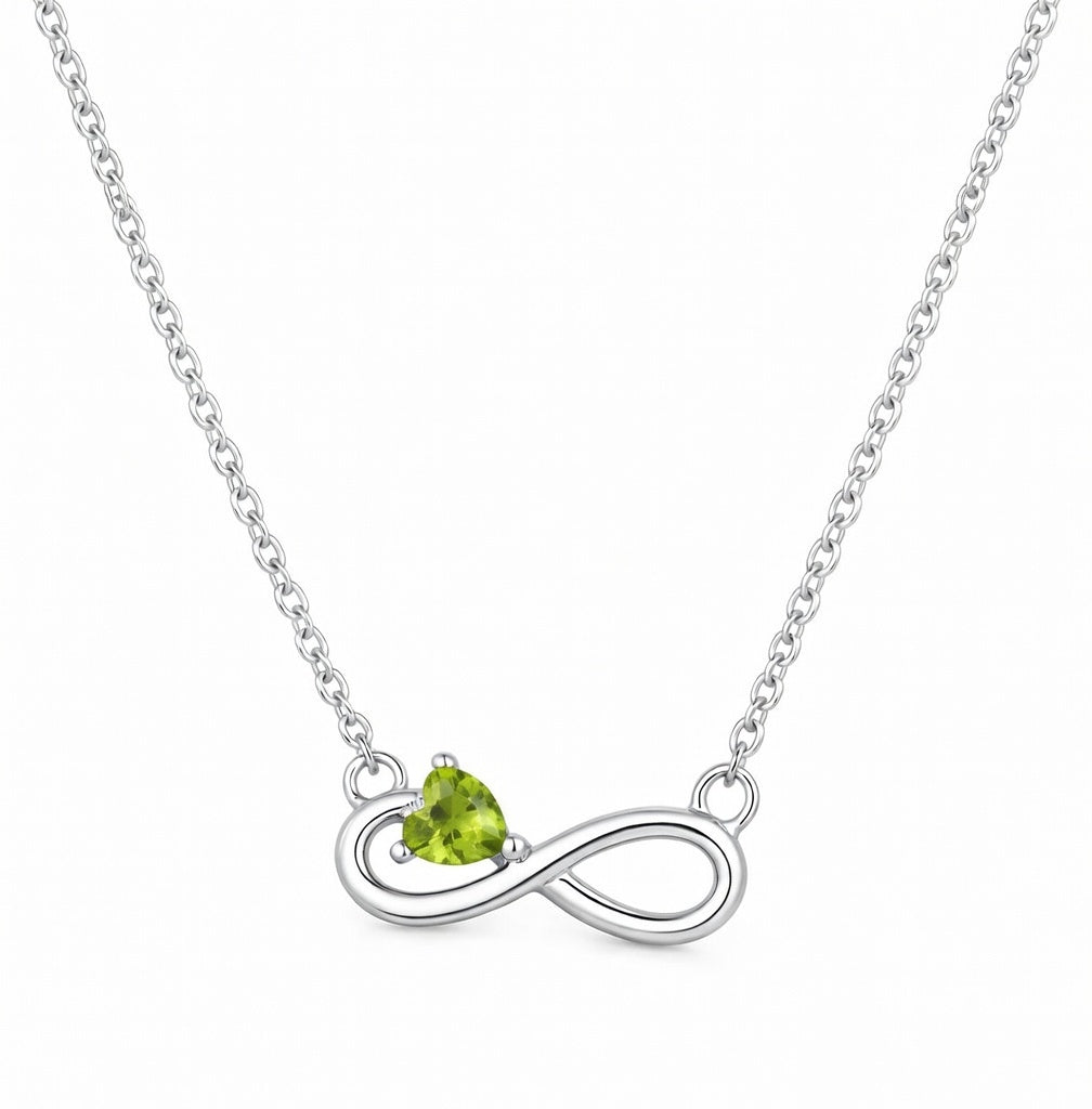 peridot birthstone necklace in white gold finish — front view