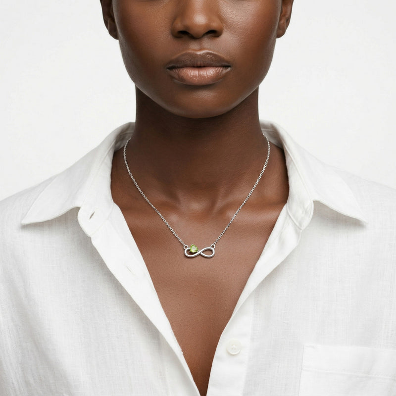 peridot birthstone necklace in white gold finish — model view