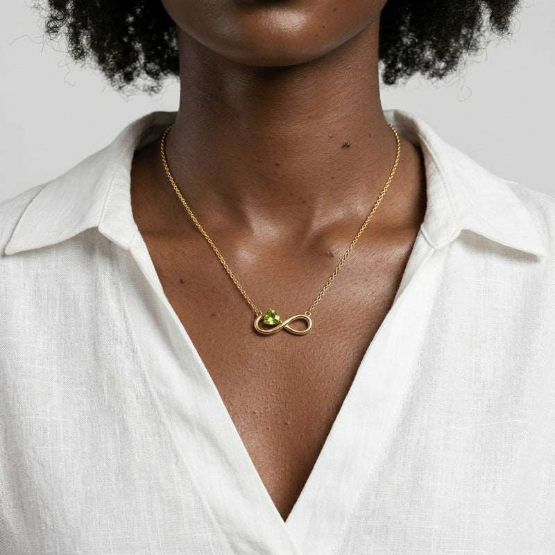 peridot birthstone necklace in yellow gold finish — model view