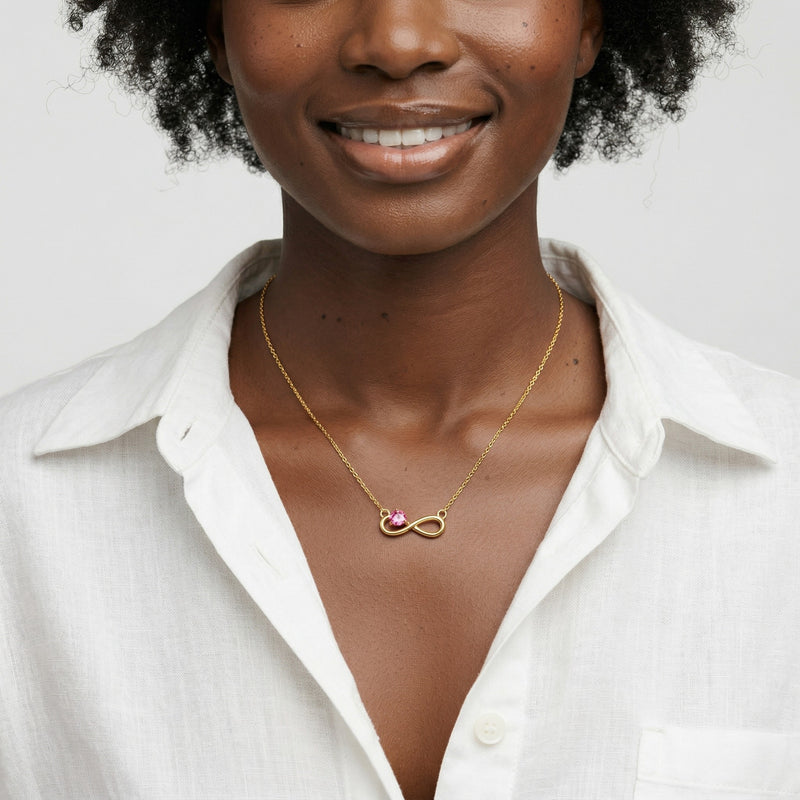 tourmaline birthstone necklace in yellow gold finish — model view